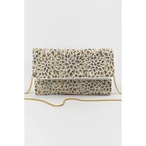NEW PIZZAZZ floral beaded clutch in silver/gold